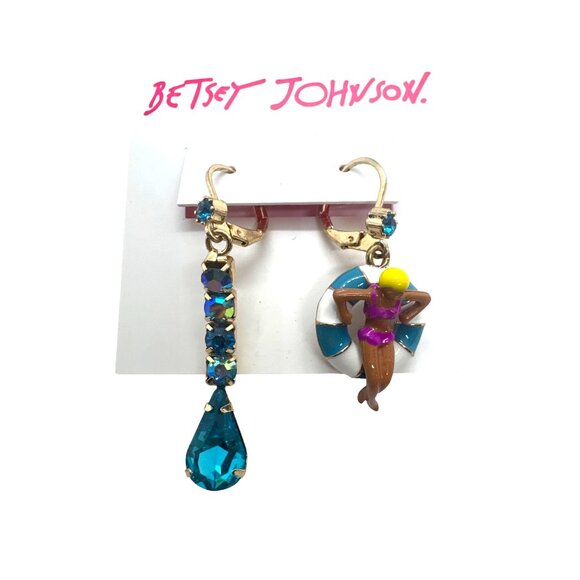 Betsey Johnson Pool Party Mismatched Dangle Earrings Blue Crystal Swimmer Charm - Picture 1 of 10